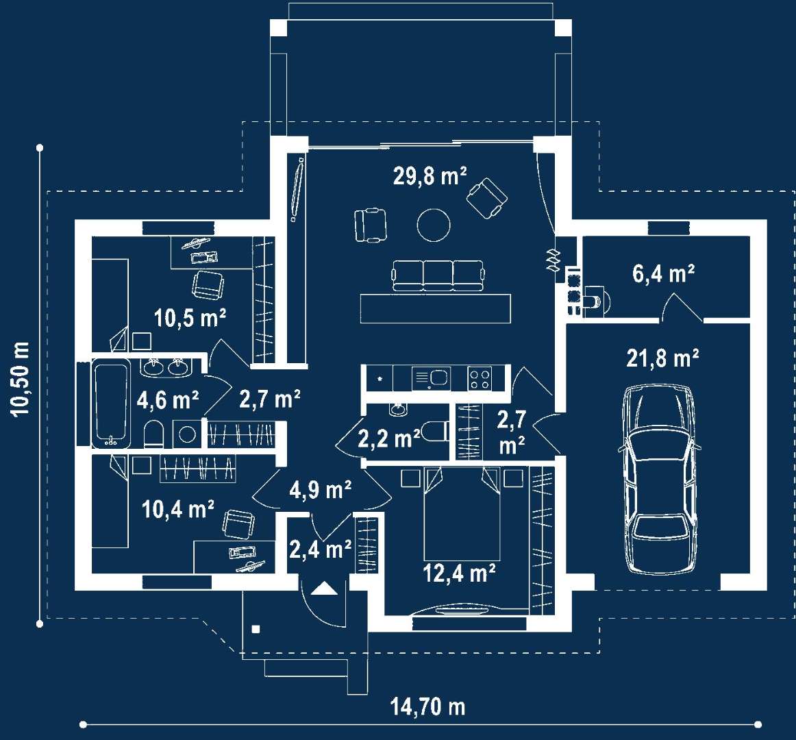 Plan parter Casă parter 81 mp utili, 3 dormitoare, o baie