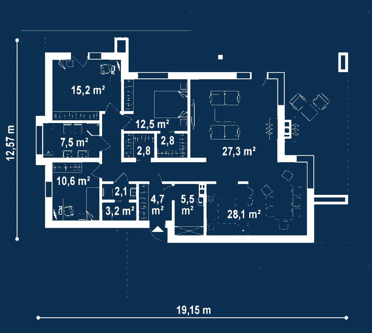 Plan parter Casă parter 127 mp utili, 3 dormitoare, o baie