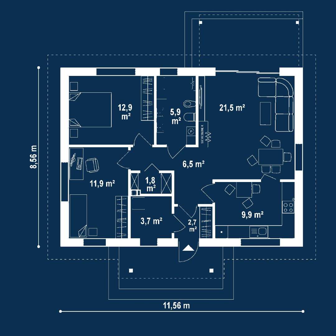 Plan parter Casă parter 73 mp utili, 2 dormitoare, o baie