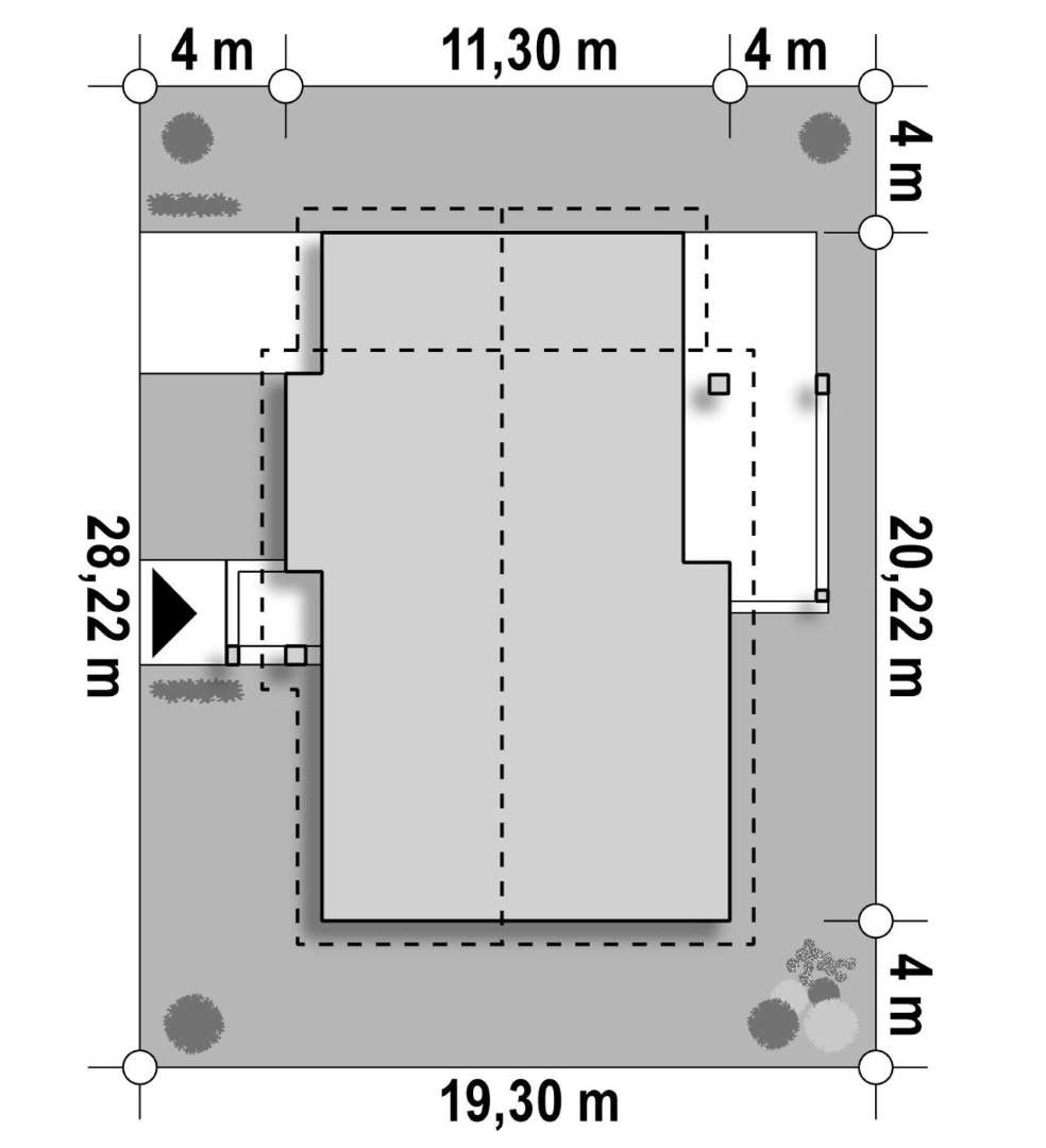 Plan amplasament Casă parter 107 mp utili, 3 dormitoare, 2 băi