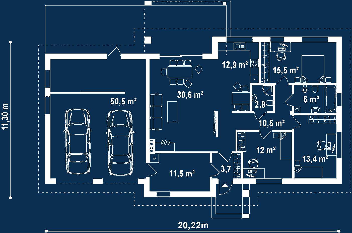 Plan parter Casă parter 107 mp utili, 3 dormitoare, 2 băi