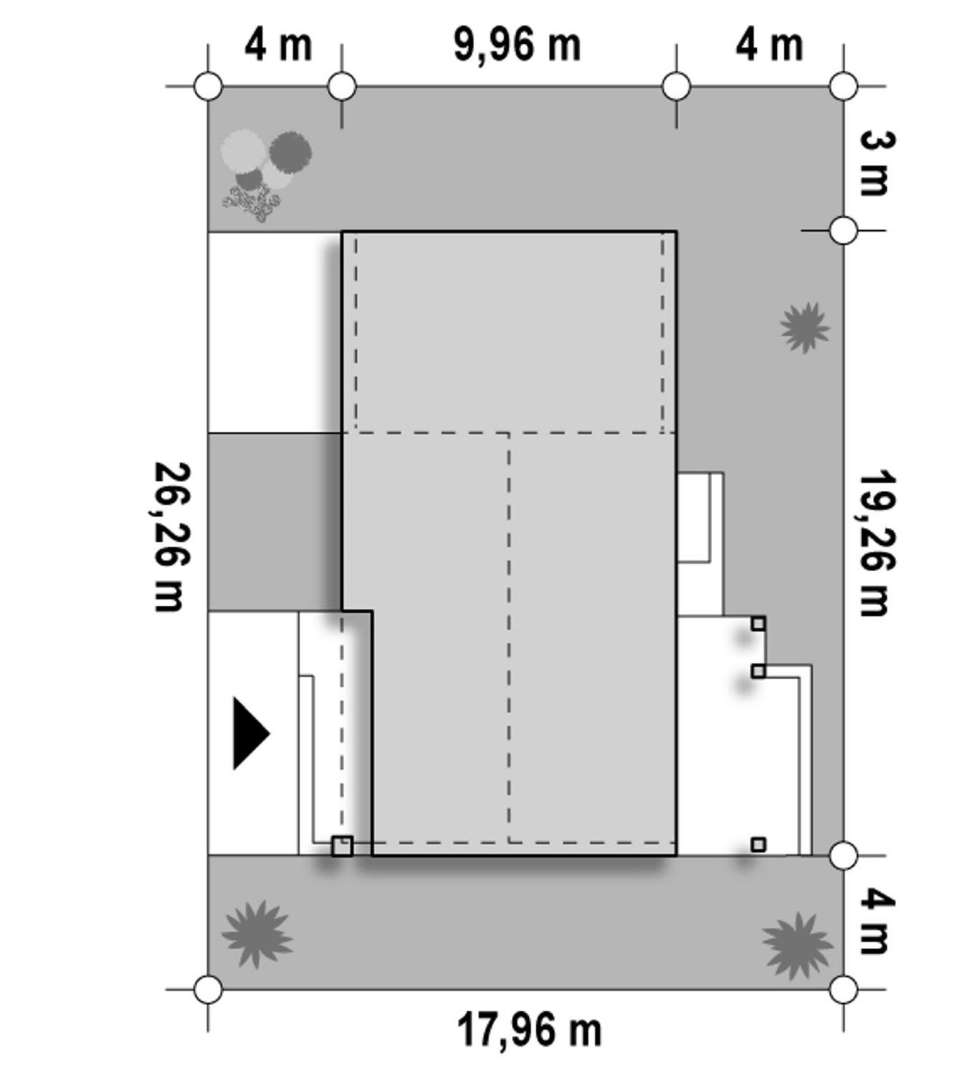 Plan amplasament Casă parter 96 mp utili, 2 dormitoare, o baie