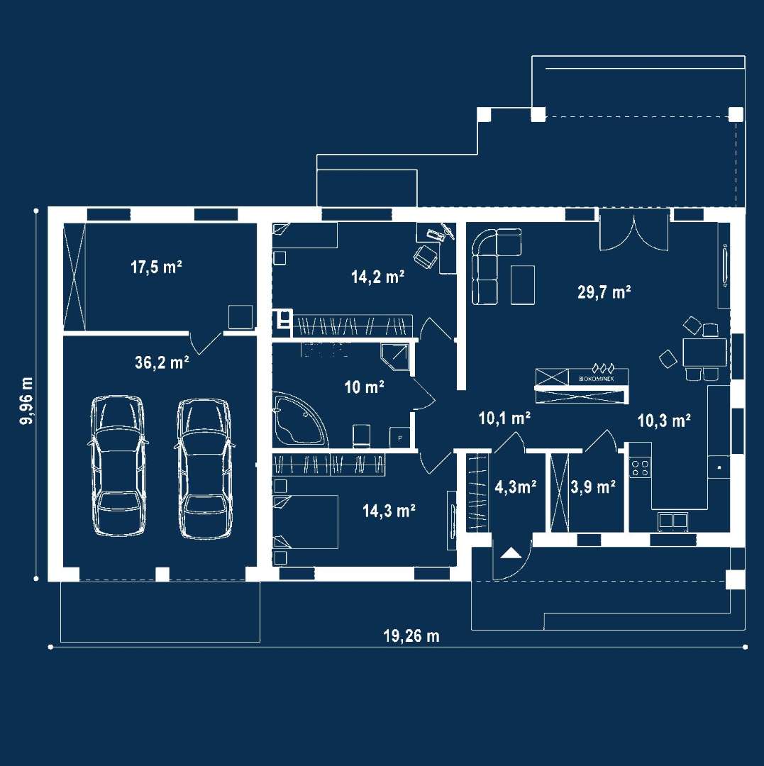 Plan parter Casă parter 96 mp utili, 2 dormitoare, o baie