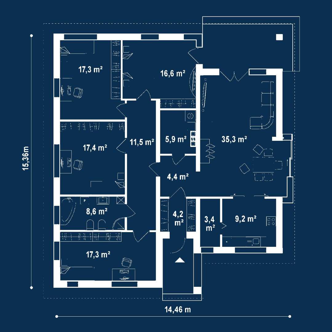 Plan parter Casă parter 145 mp utili, 4 dormitoare, o baie