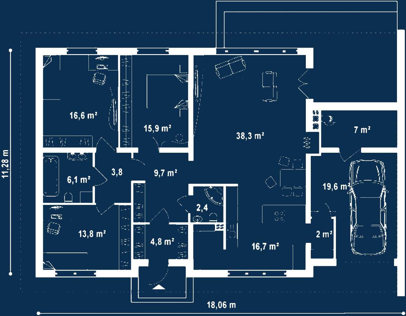 Plan parter Casă parter 127 mp utili, 3 dormitoare, 2 băi