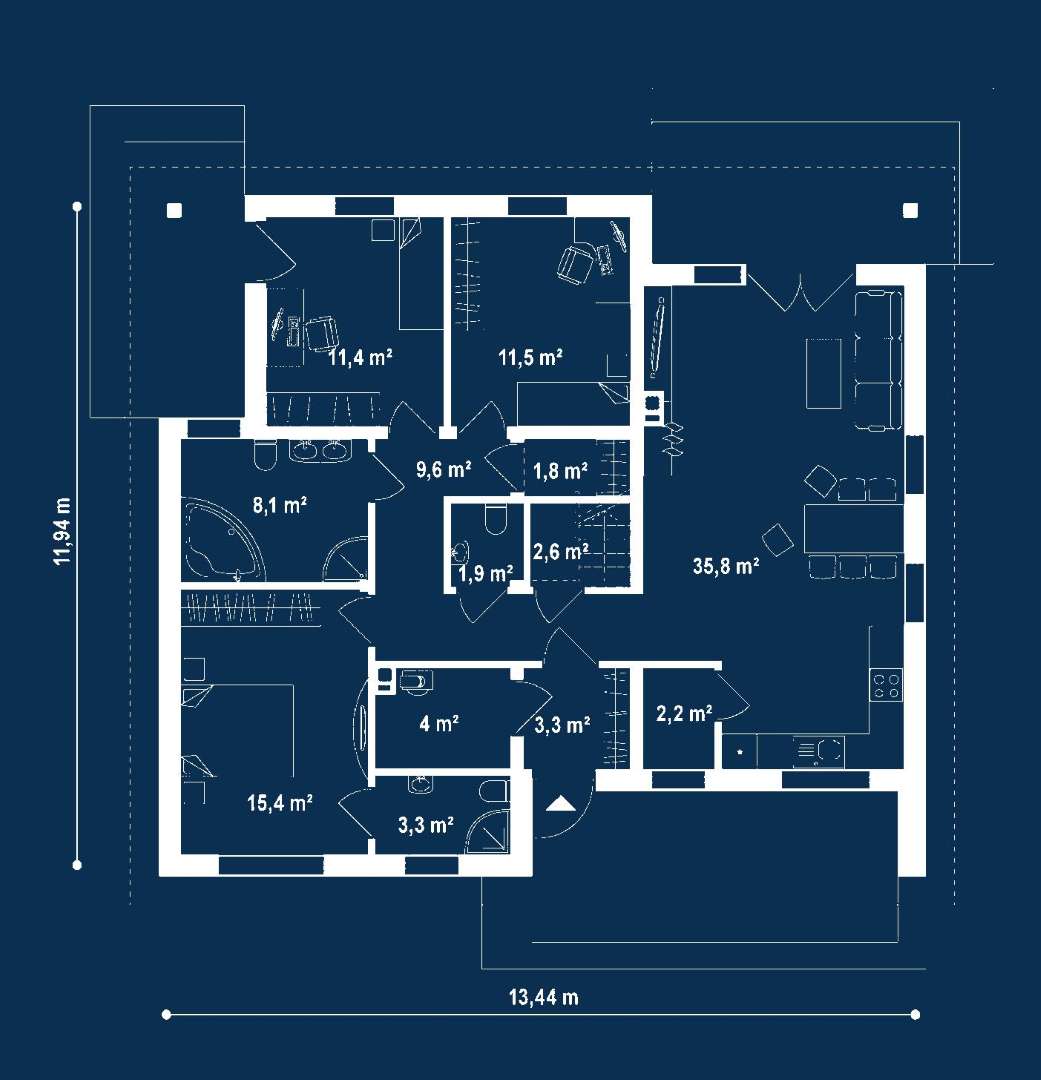 Plan parter Casă parter 106 mp utili, 3 dormitoare, 2 băi