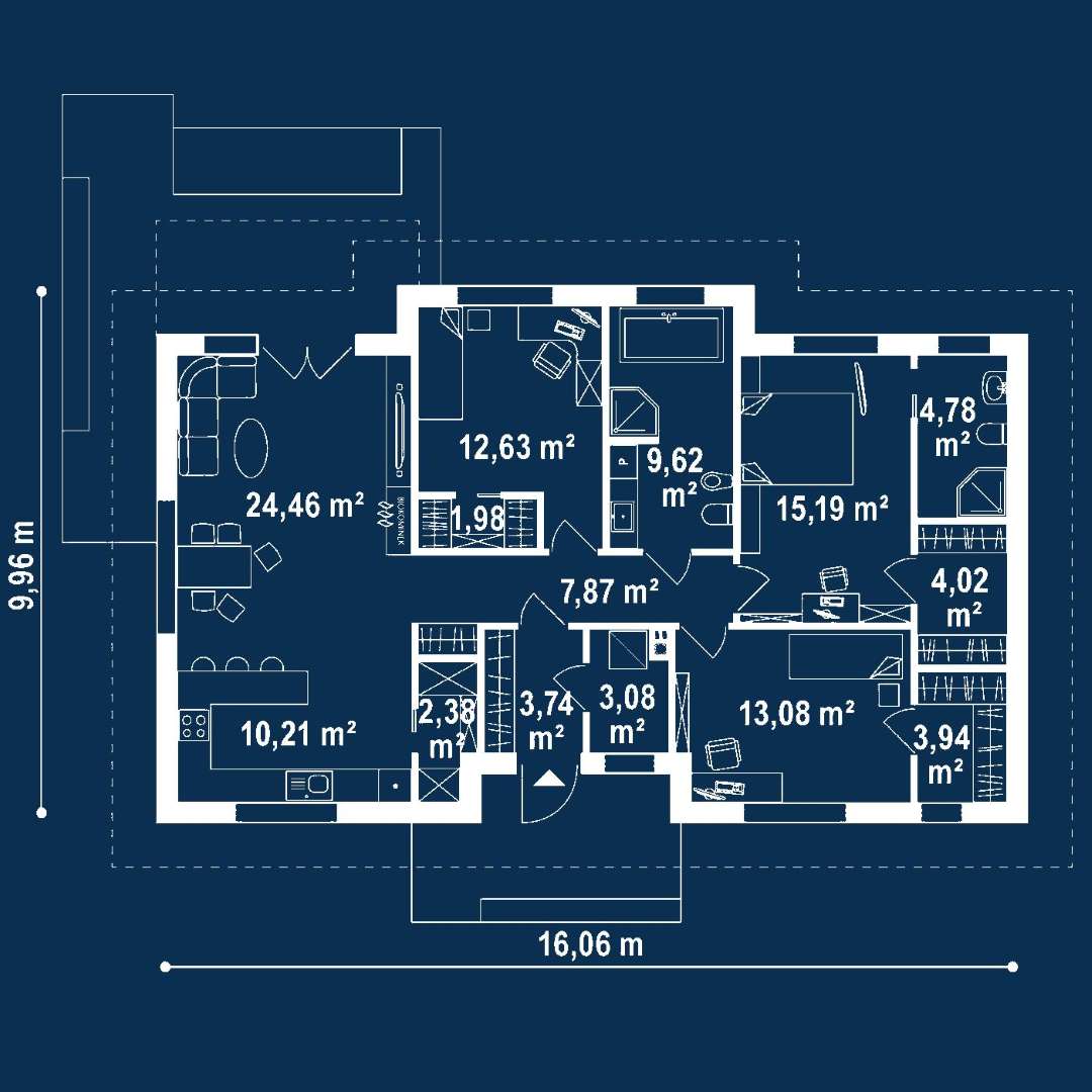 Plan parter Casă parter 113 mp utili, 3 dormitoare, 2 băi