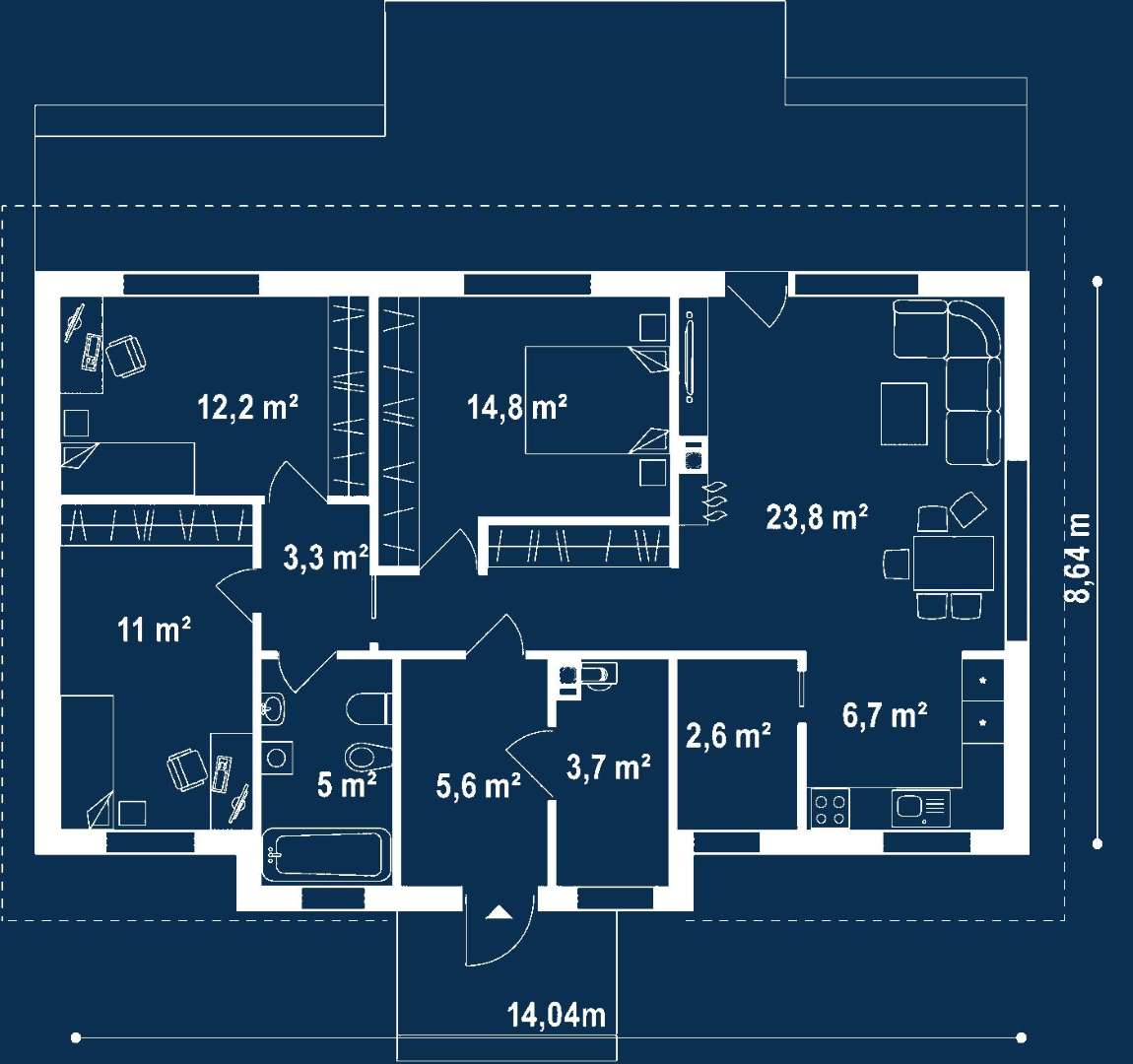 Plan parter Casă parter 94 mp utili, 3 dormitoare, o baie