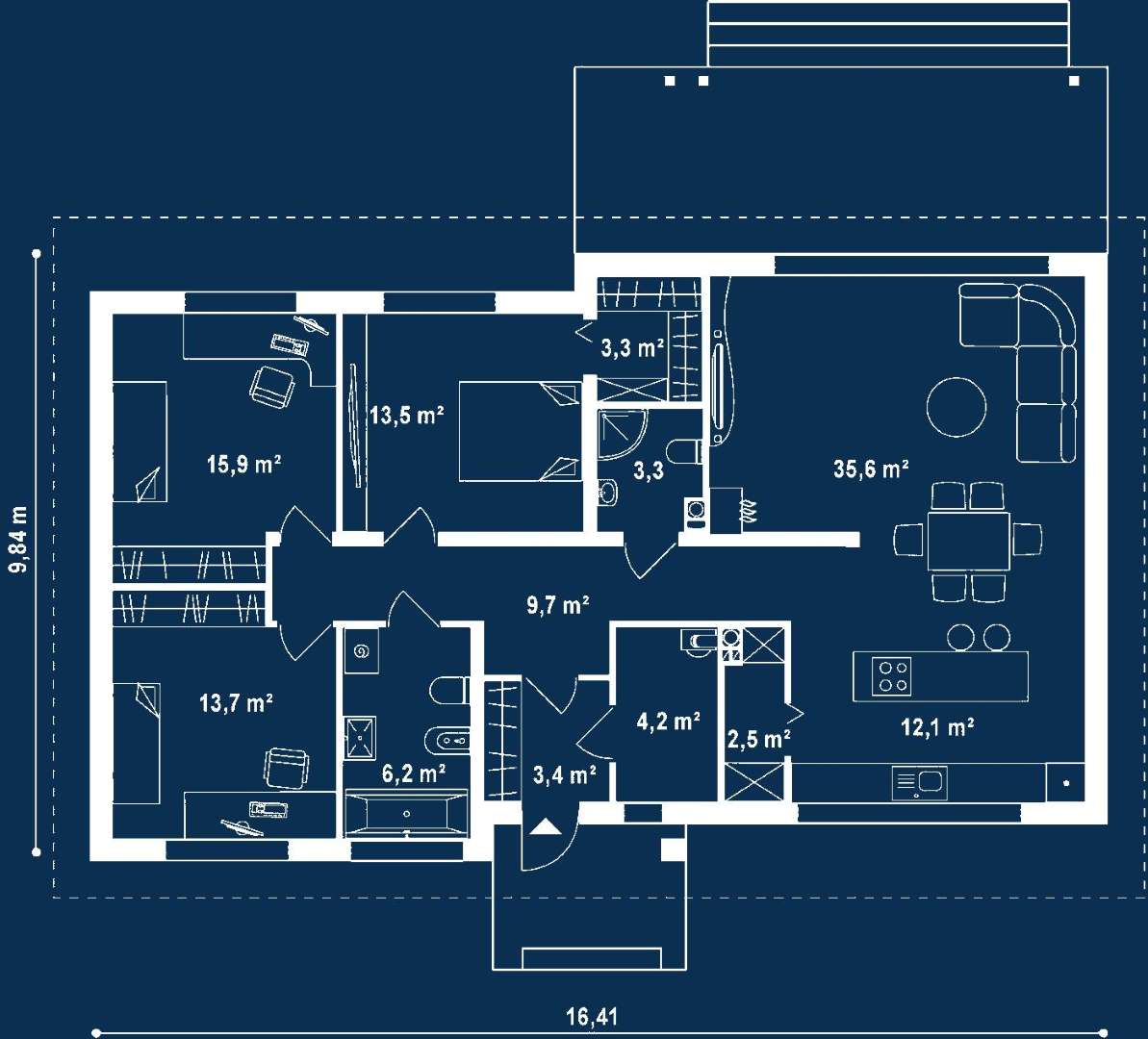Plan parter Casă parter 123 mp utili, 3 dormitoare, o baie