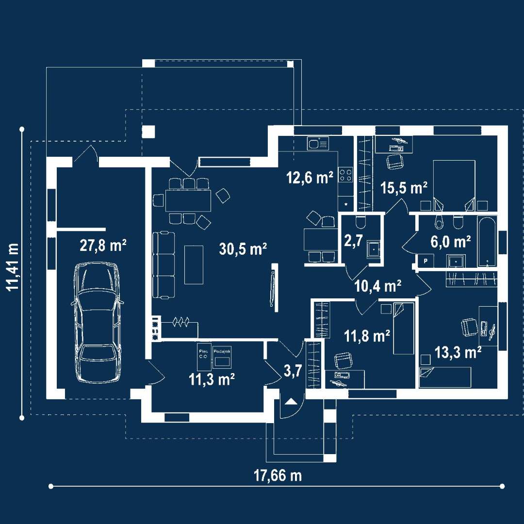 Plan parter Casă parter 106 mp utili, 3 dormitoare, o baie