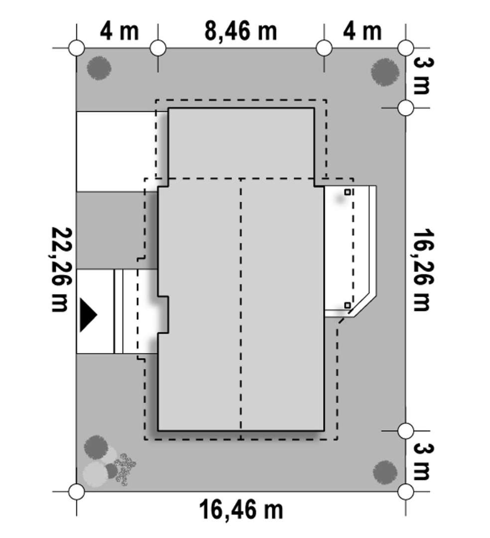 Plan amplasament Casă parter 77 mp utili, 3 dormitoare, o baie