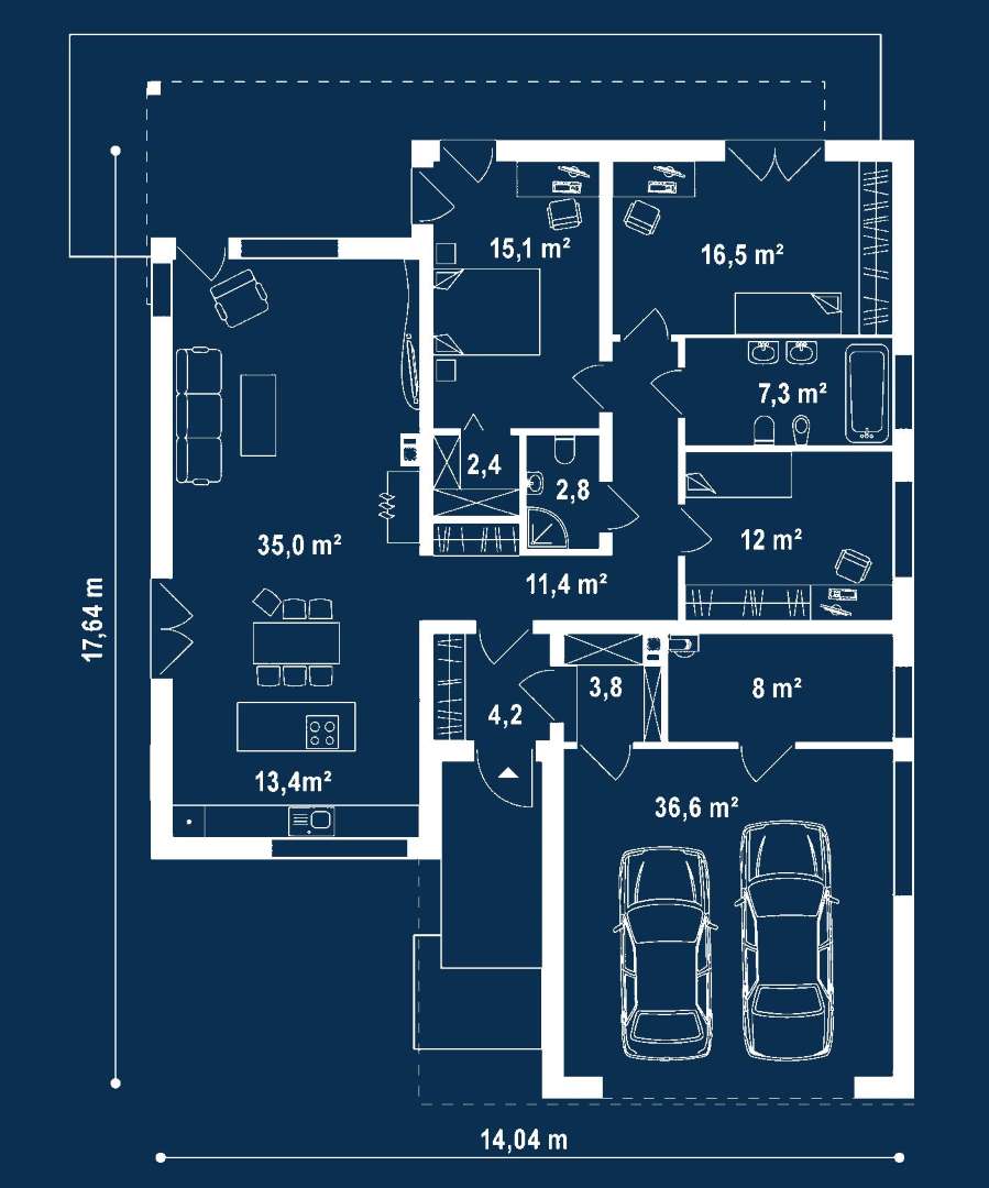 Plan parter Casă parter 120 mp utili, 3 dormitoare, 2 băi