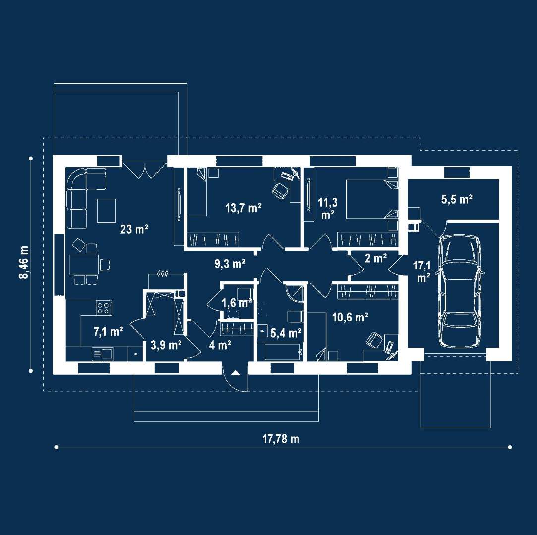 Plan parter Casă parter 91 mp utili, 3 dormitoare, o baie