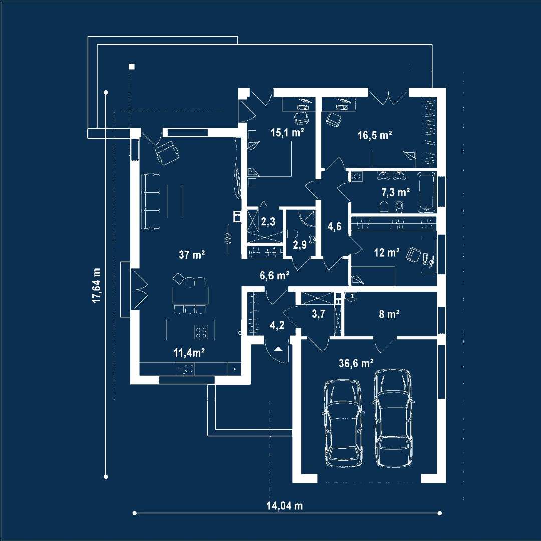 Plan parter Casă parter 123 mp utili, 3 dormitoare, 2 băi