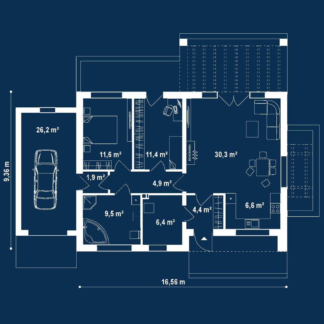 Plan parter Casă parter 80 mp utili, 2 dormitoare, o baie