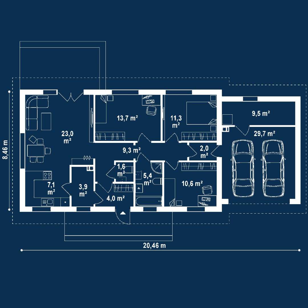 Plan parter Casă parter 91 mp utili, 3 dormitoare, o baie