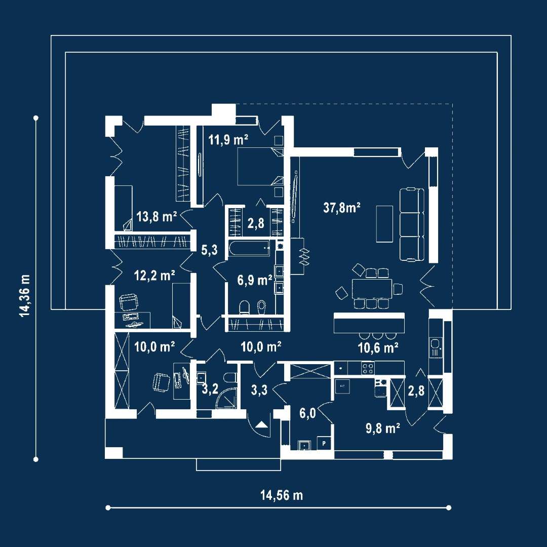 Plan parter Casă parter 136 mp utili, 3 dormitoare, 2 băi