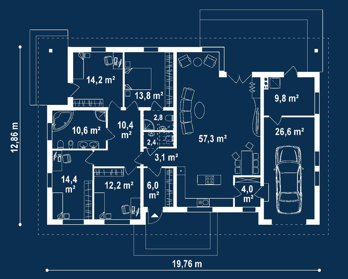 Plan parter Casă parter 151 mp utili, 4 dormitoare, o baie