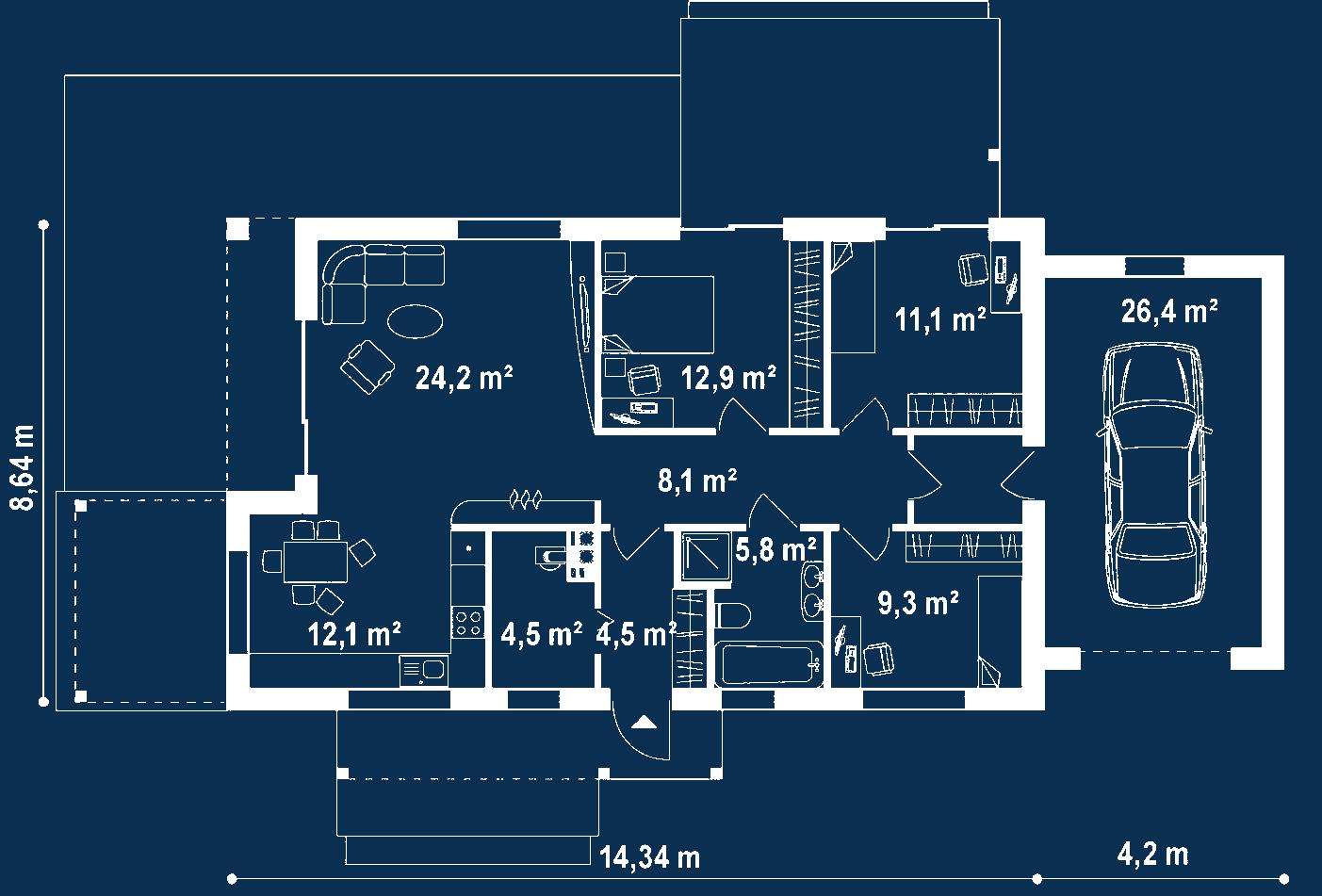 Plan parter Casă parter 95 mp utili, 3 dormitoare, o baie