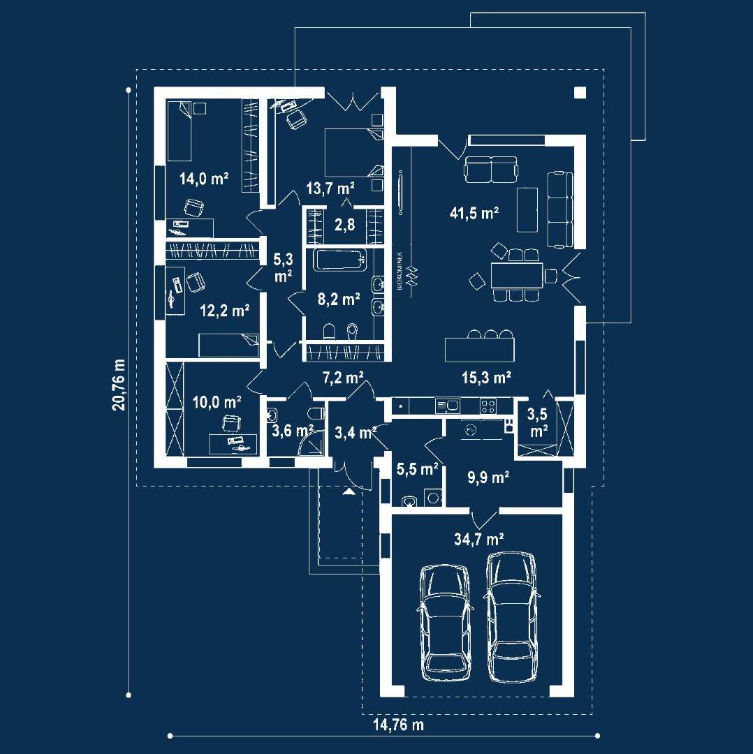 Plan parter Casă parter 146 mp utili, 3 dormitoare, 2 băi