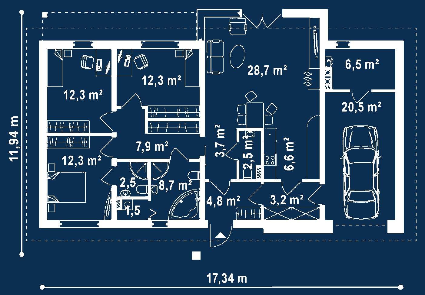 Plan parter Casă parter 106 mp utili, 3 dormitoare, 2 băi