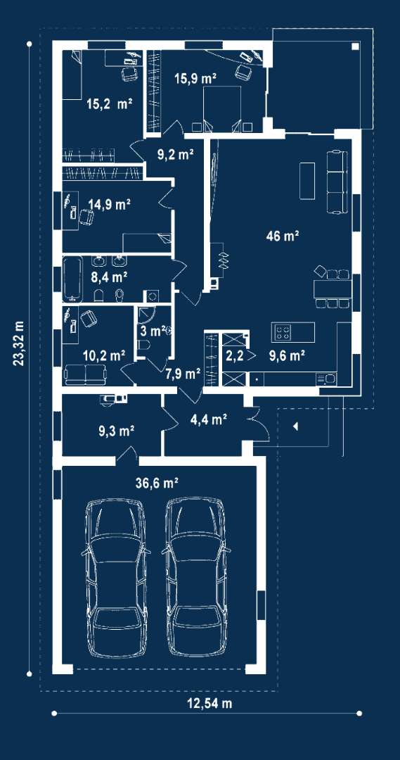 Plan parter Casă parter 146 mp utili, 3 dormitoare, 2 băi
