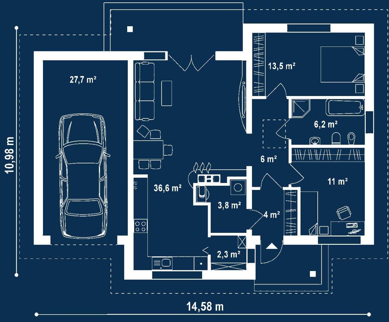 Plan parter Casă parter 79 mp utili, 2 dormitoare, o baie