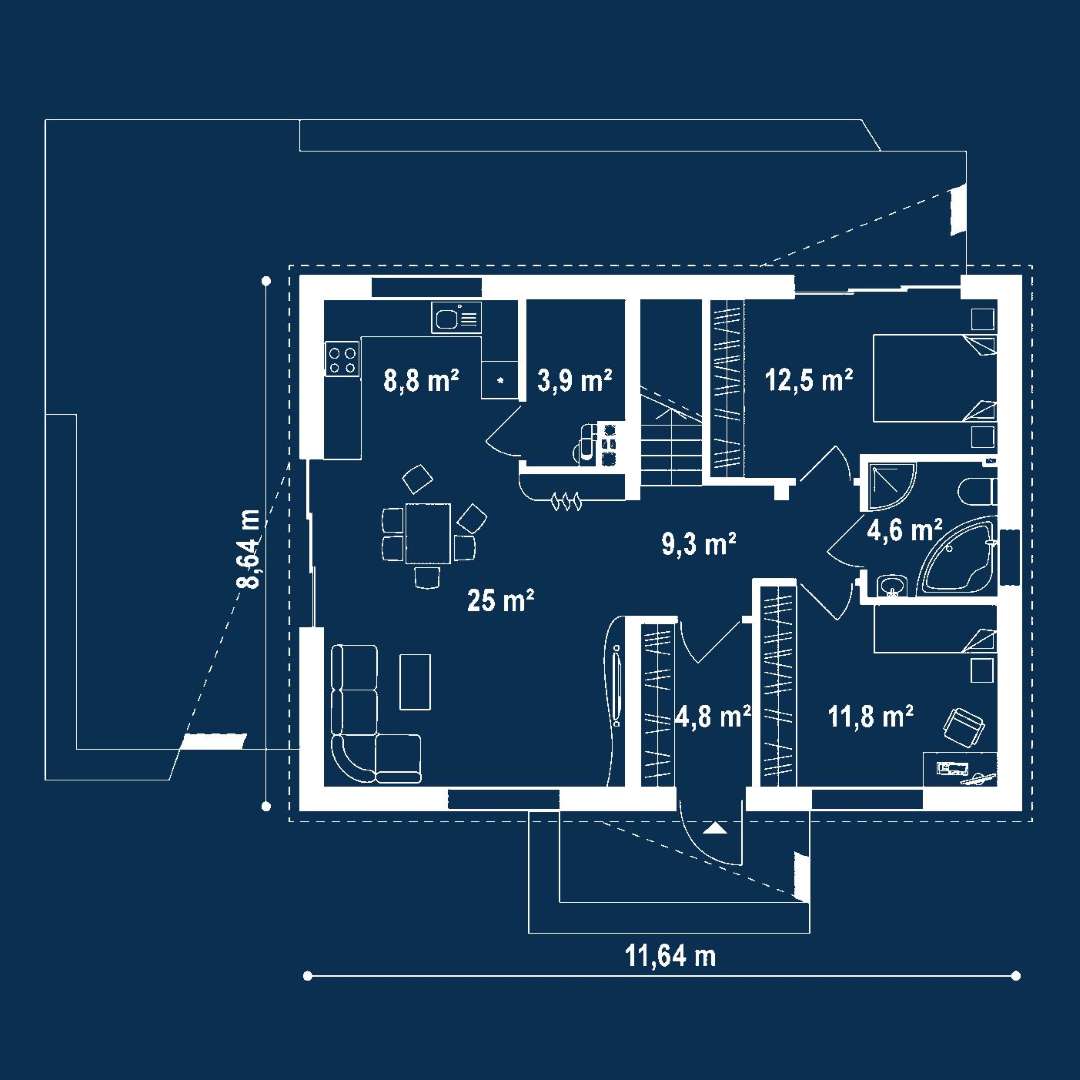 Plan parter Casă parter 75 mp utili, un dormitor, o baie