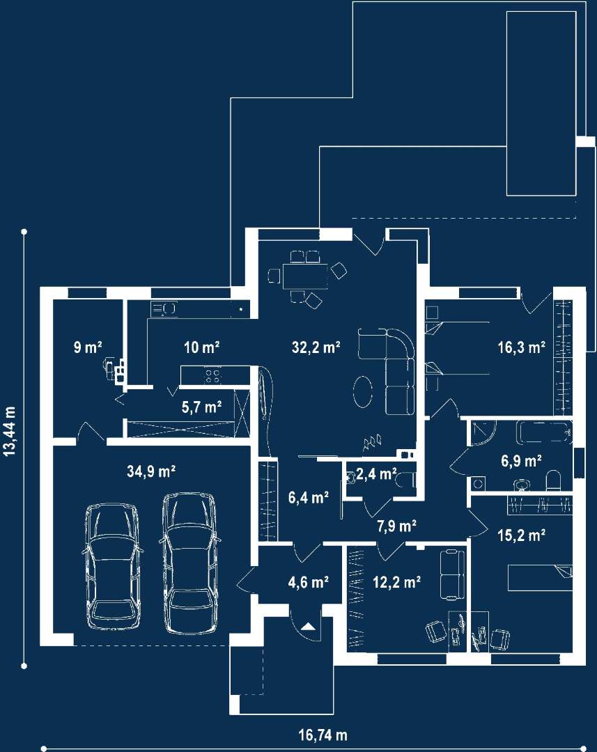 Plan parter Casă parter 119 mp utili, 3 dormitoare, o baie