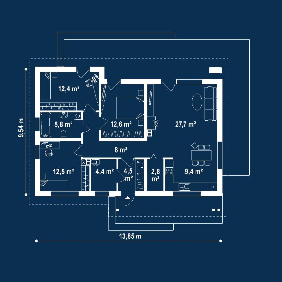 Plan parter Casă parter 100 mp utili, 3 dormitoare, o baie