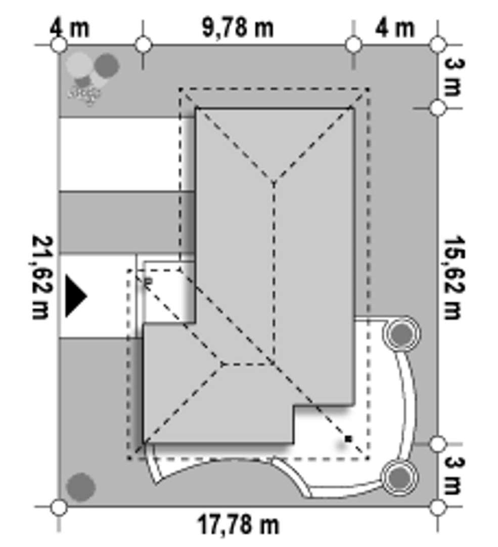 Plan amplasament Casă parter 77 mp utili, 3 dormitoare, o baie
