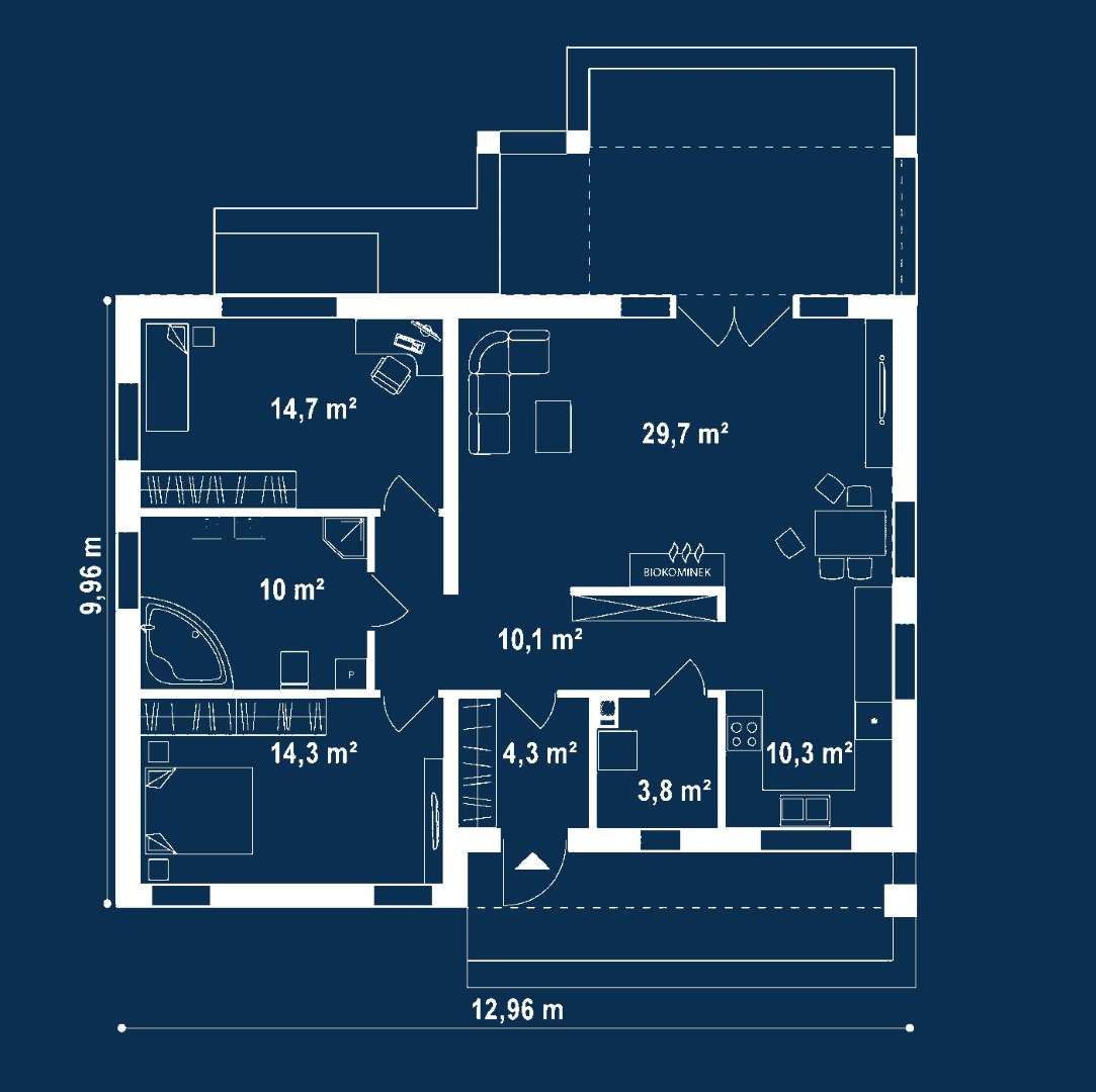 Plan parter Casă parter 93 mp utili, 2 dormitoare, o baie