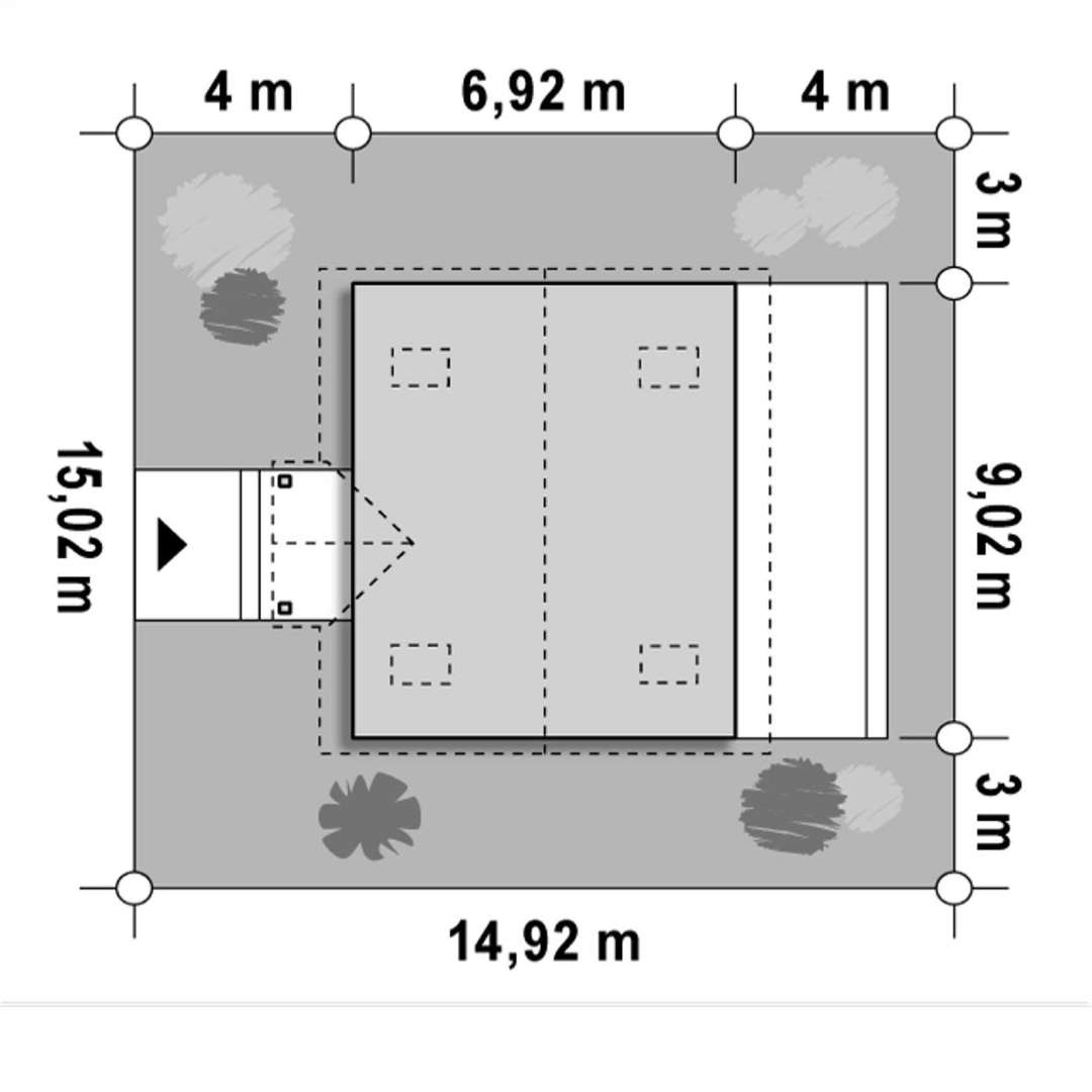 Plan amplasament Casă parter 74 mp utili, 2 dormitoare, o baie