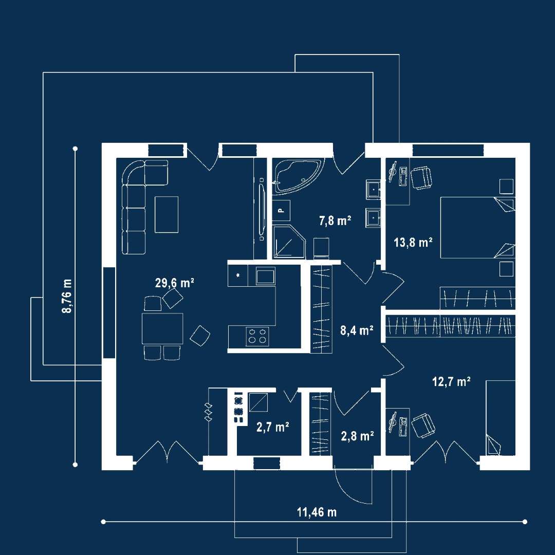 Plan parter Casă parter 75 mp utili, 2 dormitoare, o baie