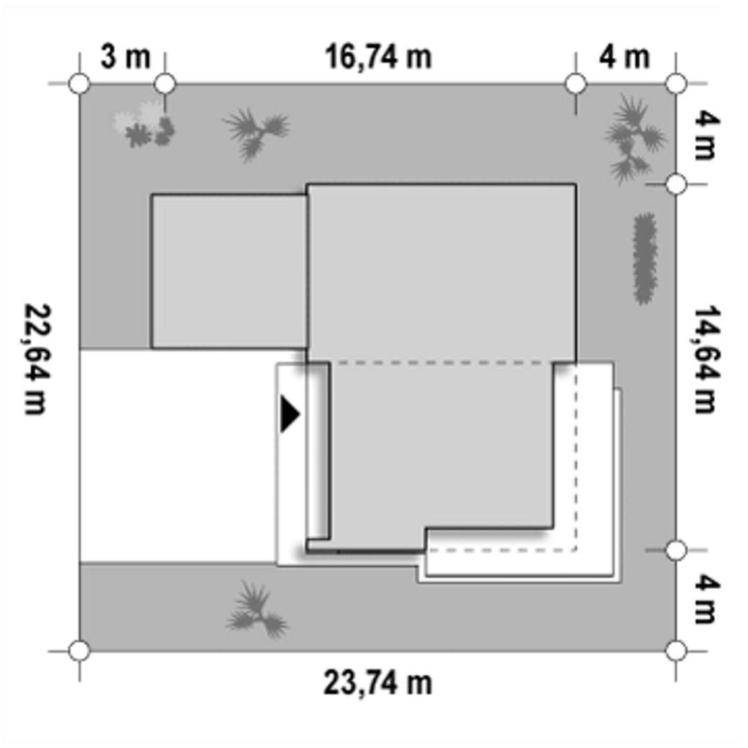 Plan amplasament Casă parter 107 mp utili, 3 dormitoare, 2 băi