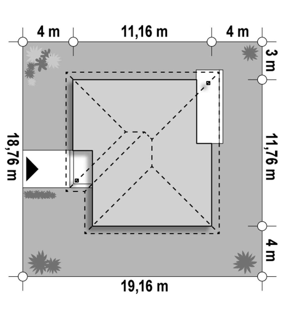 Plan amplasament Casă parter 87 mp utili, 3 dormitoare, o baie