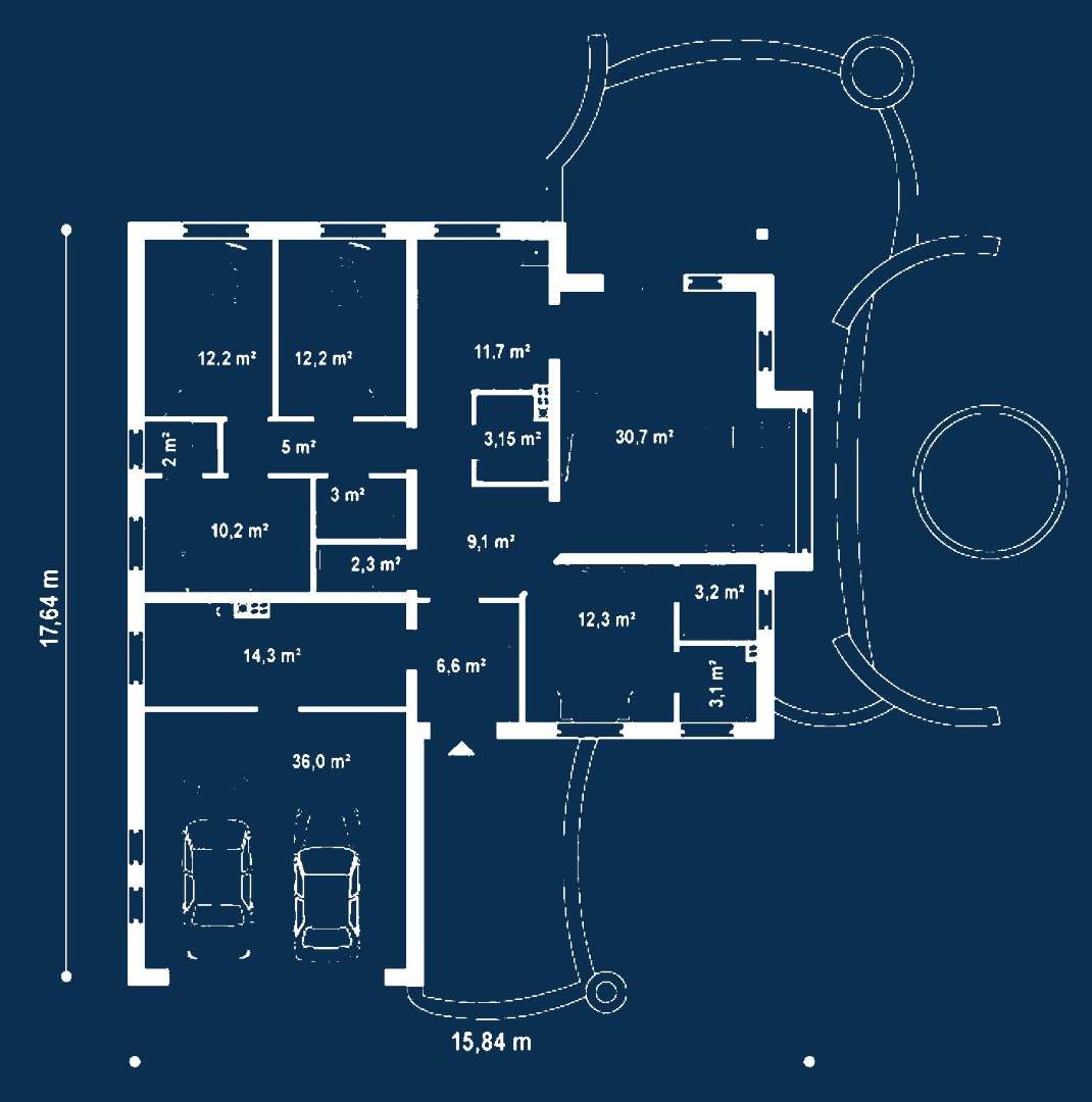 Plan parter Casă parter 126 mp utili, 3 dormitoare, o baie