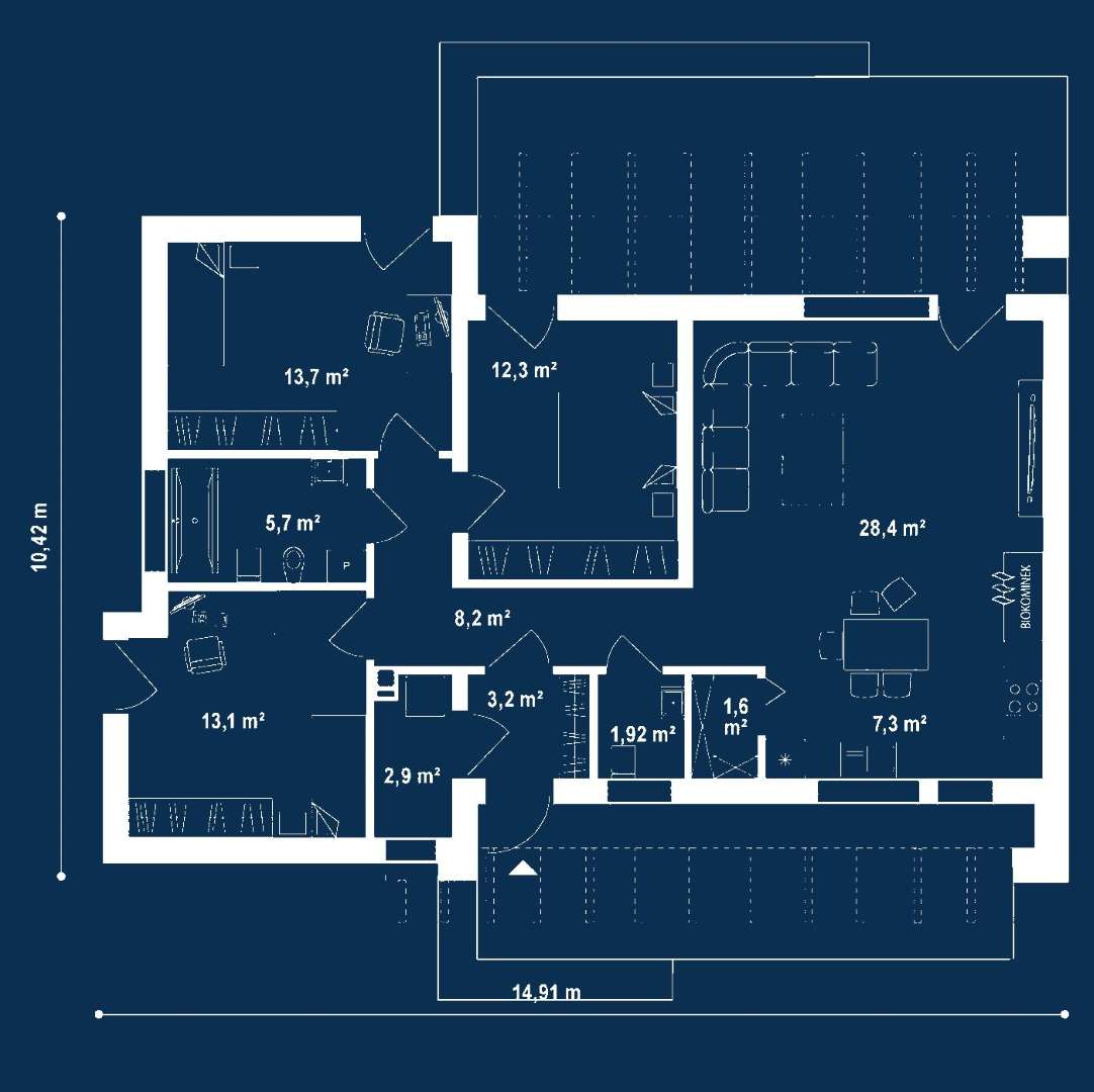 Plan parter Casă parter 95 mp utili, 3 dormitoare, o baie