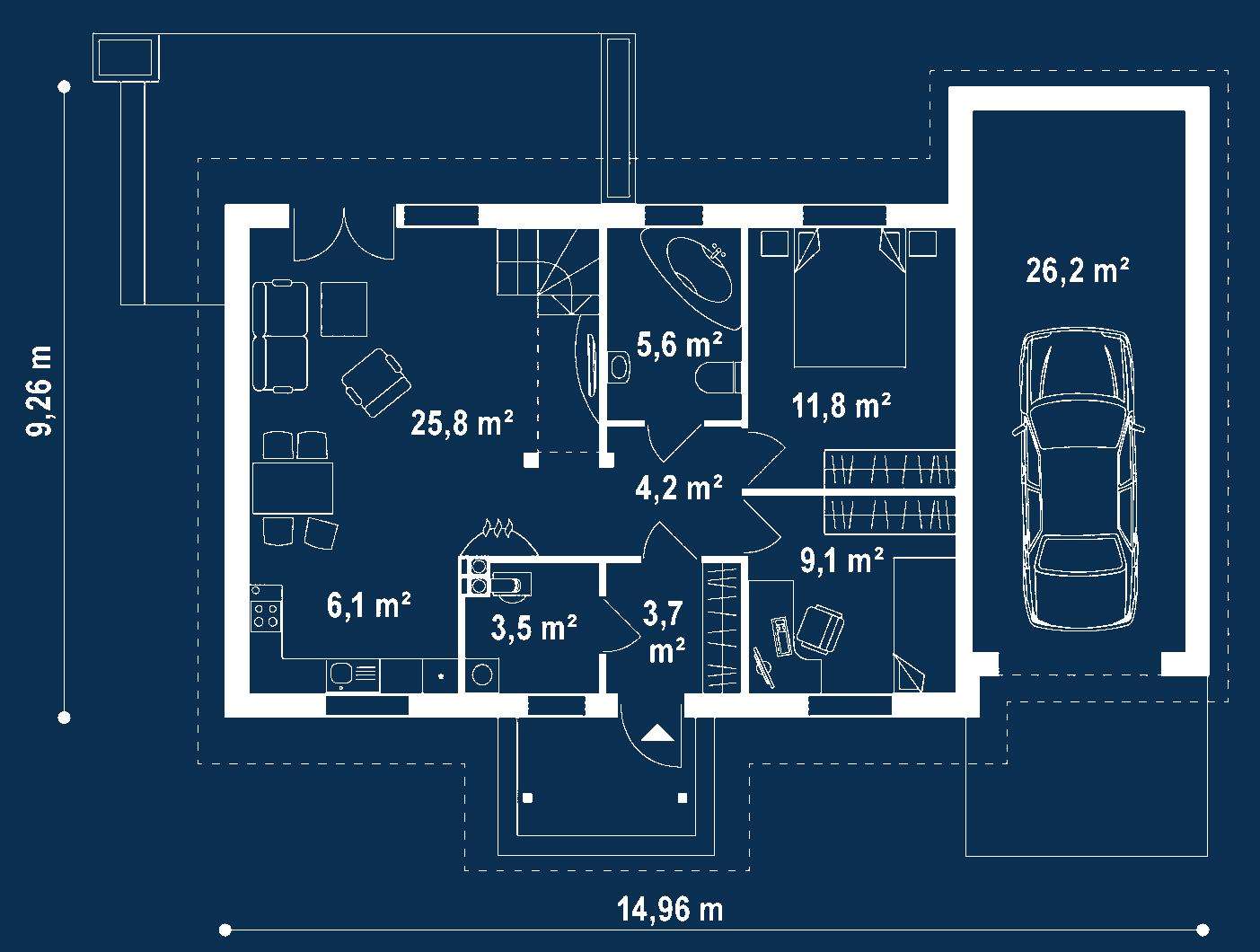 Plan parter Casă parter 66 mp utili, 2 dormitoare, o baie