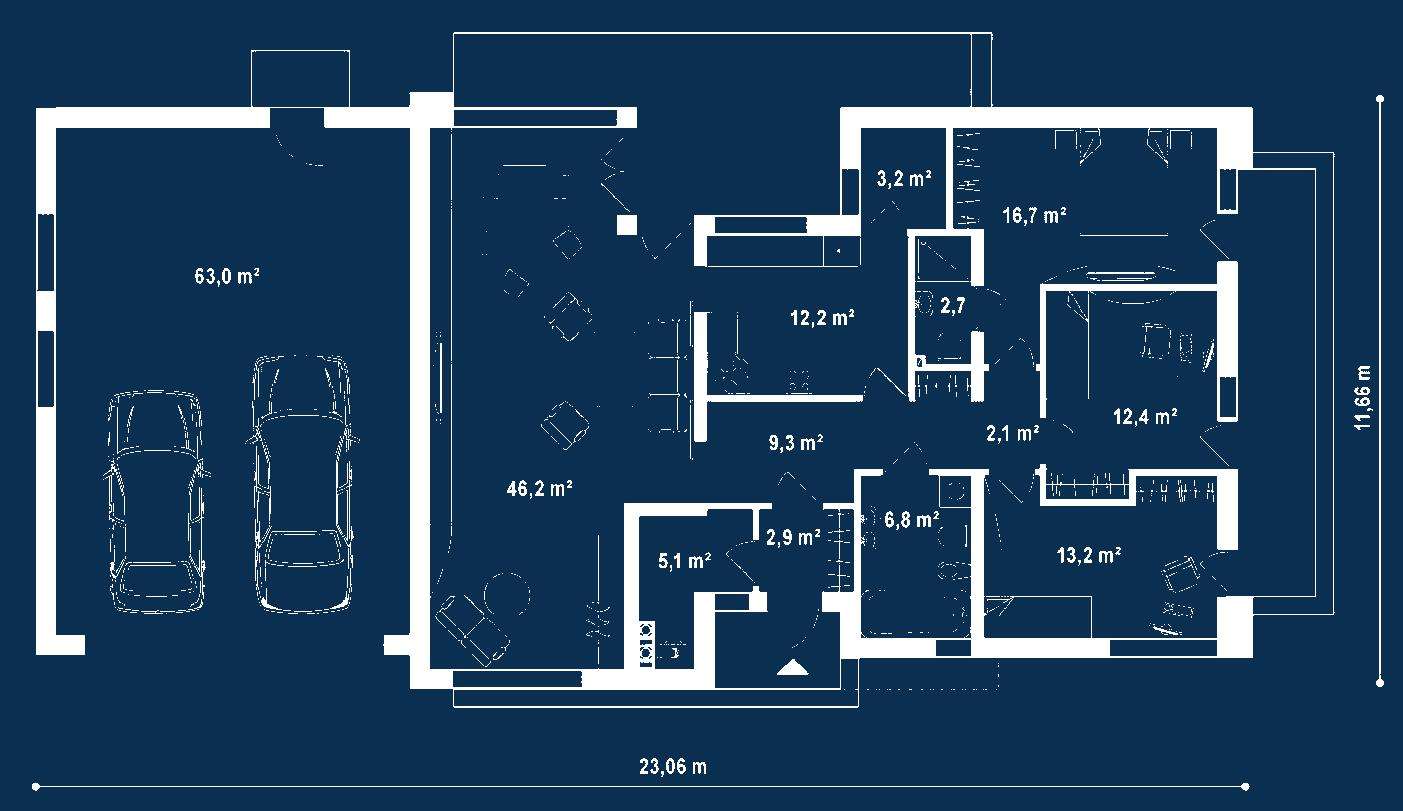 Plan parter Casă parter 127 mp utili, 3 dormitoare, 2 băi
