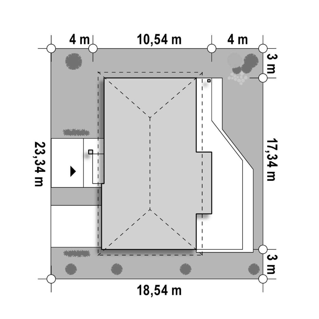 Plan amplasament Casă parter 106 mp utili, 3 dormitoare, o baie