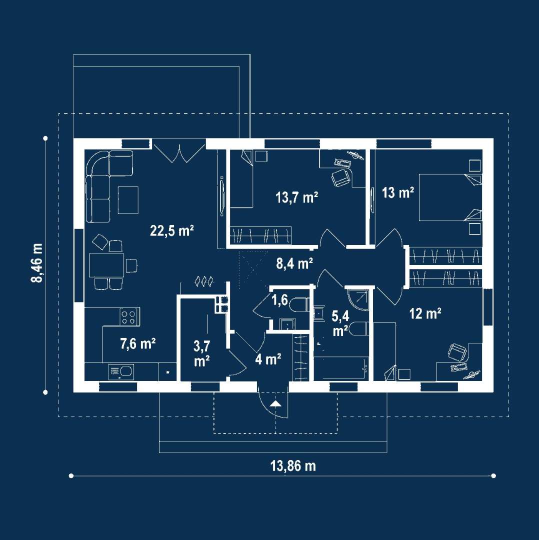Plan parter Casă parter 88 mp utili, 3 dormitoare, o baie