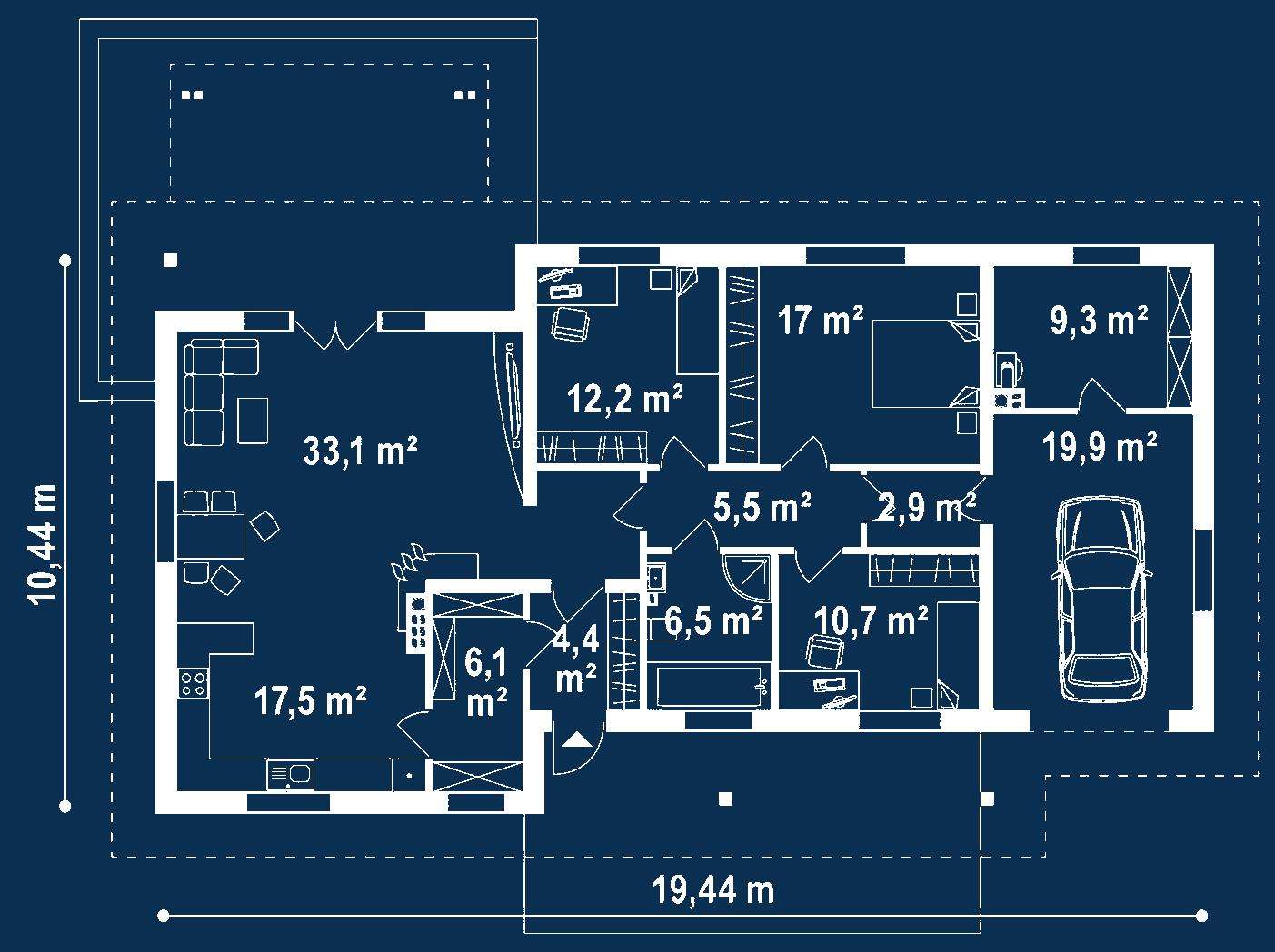 Plan parter Casă parter 116 mp utili, 3 dormitoare, o baie