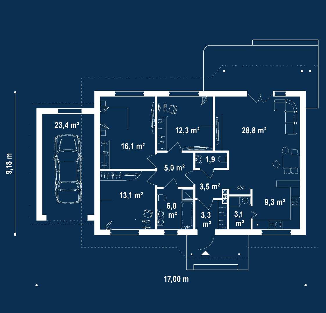 Plan parter Casă parter 99 mp utili, 3 dormitoare, o baie