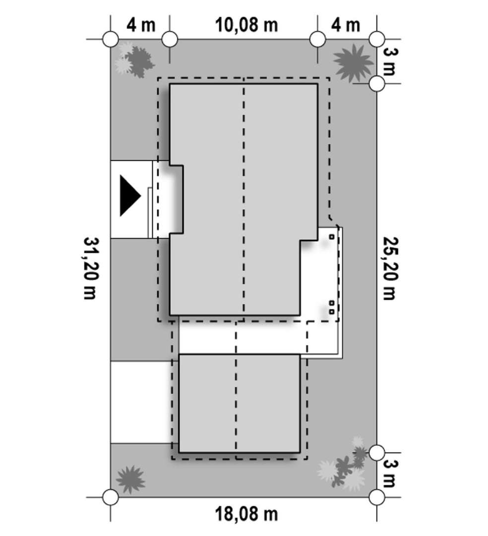 Plan amplasament Casă parter 121 mp utili, 3 dormitoare, o baie