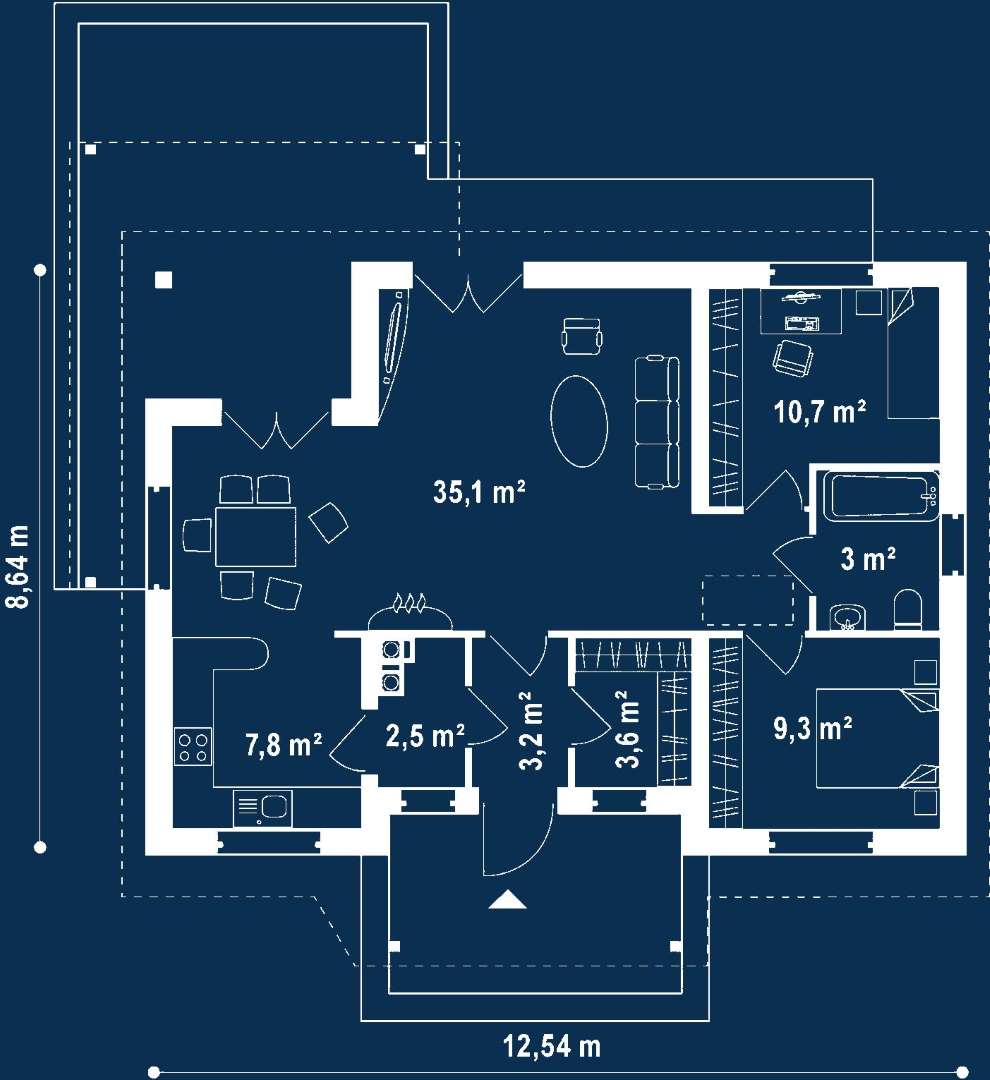 Plan parter Casă parter 75 mp utili, 2 dormitoare, o baie