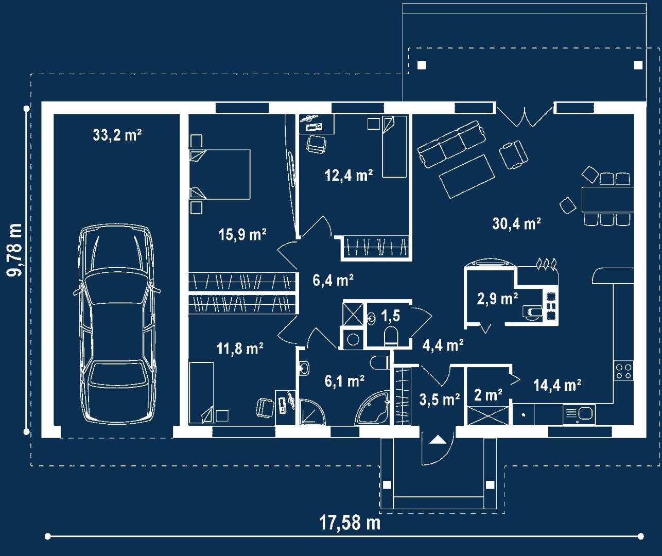 Plan parter Casă parter 111 mp utili, 3 dormitoare, o baie