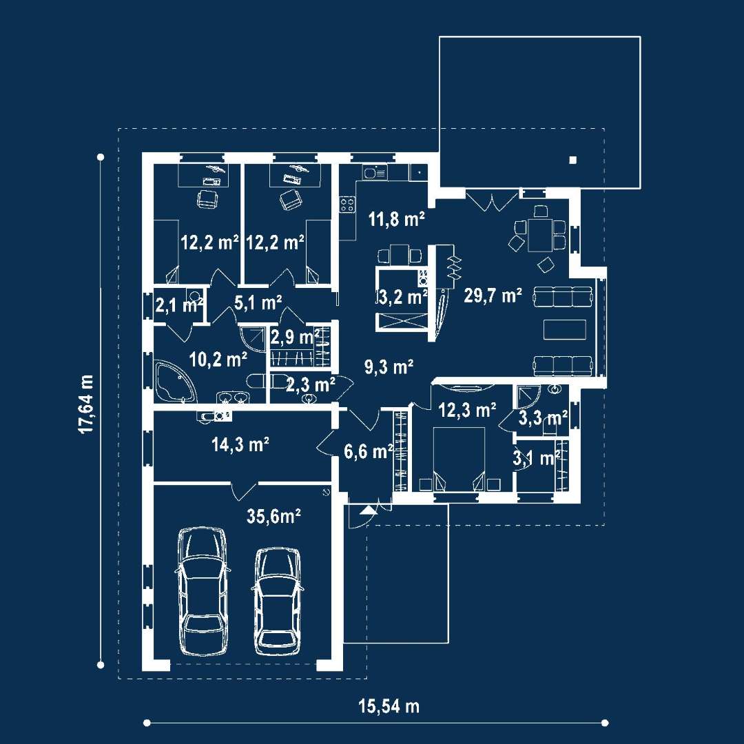 Plan parter Casă parter 125 mp utili, 3 dormitoare, o baie