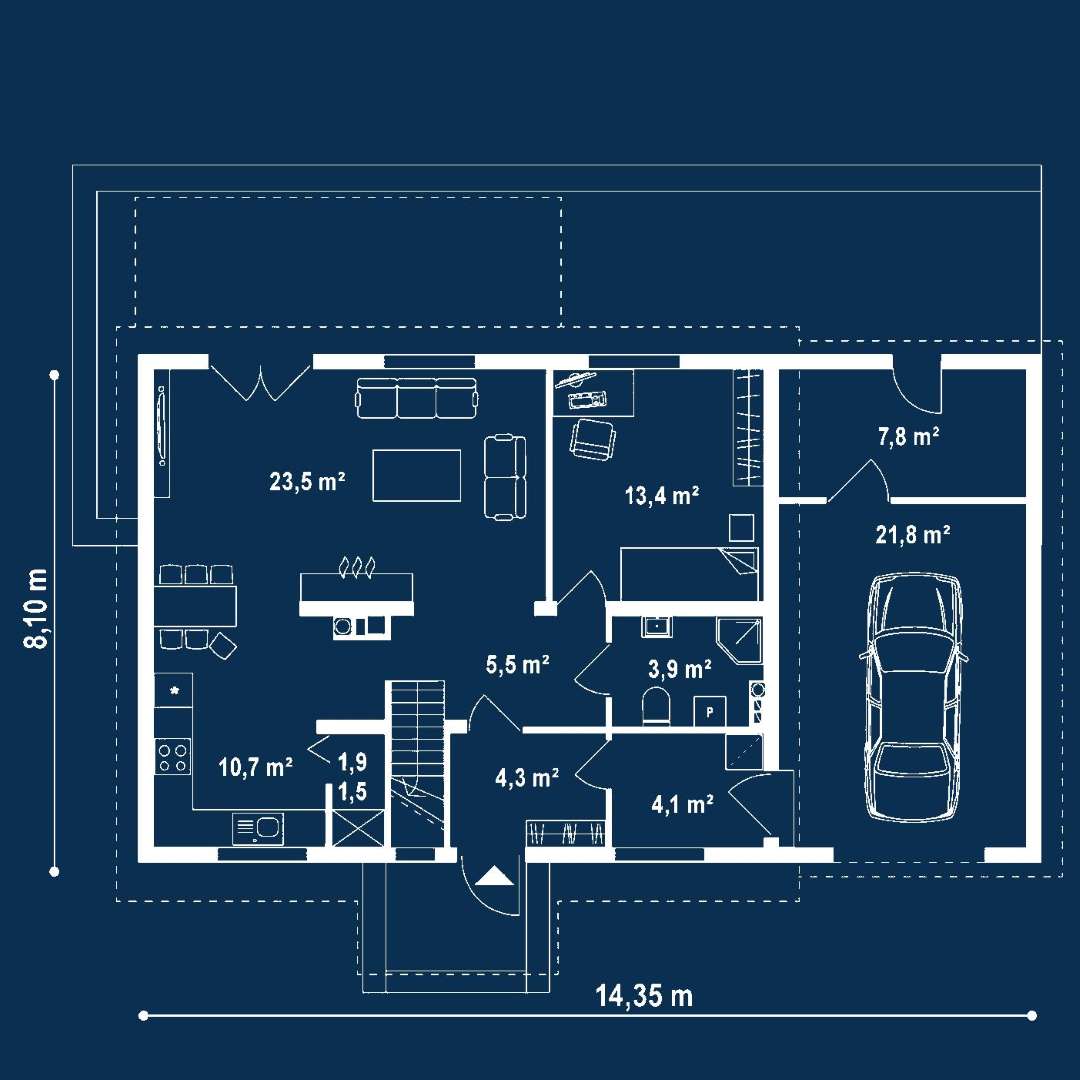 Plan parter Casă parter 116 mp utili, un dormitor, o baie