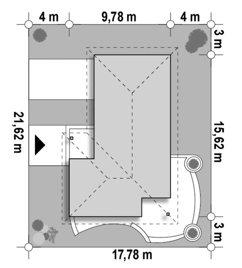 Plan amplasament Casă parter 77 mp utili, 3 dormitoare, o baie